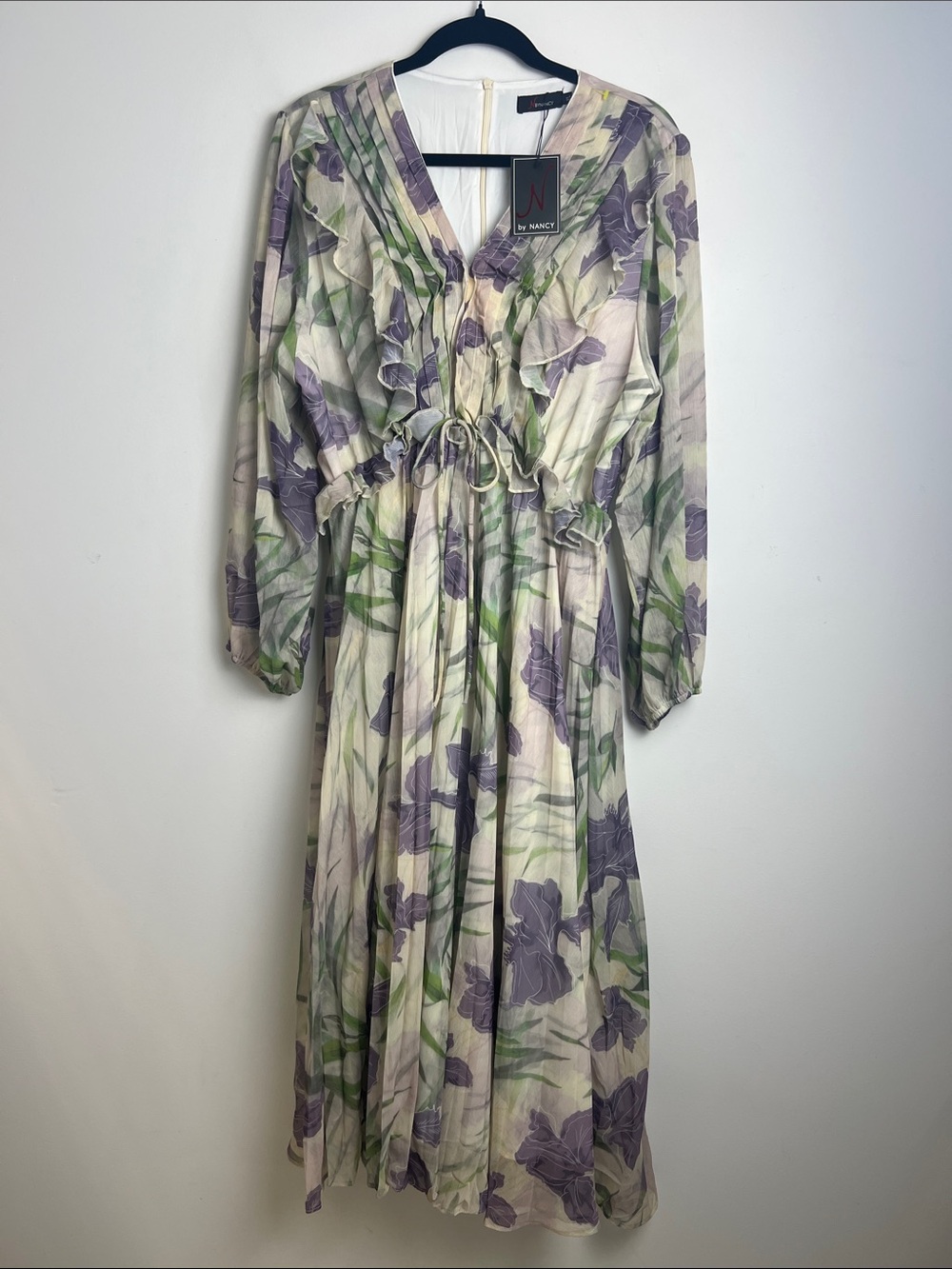 NEW N By Nancy XL Cream Lavender Floral Ruffle Detail Sheer Sleeve Maxi Dress
